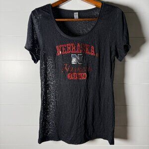 Nebraska Huskers Burn Out Short Sleeve T-Shirt Black & Red Size Large Pre-Shrunk